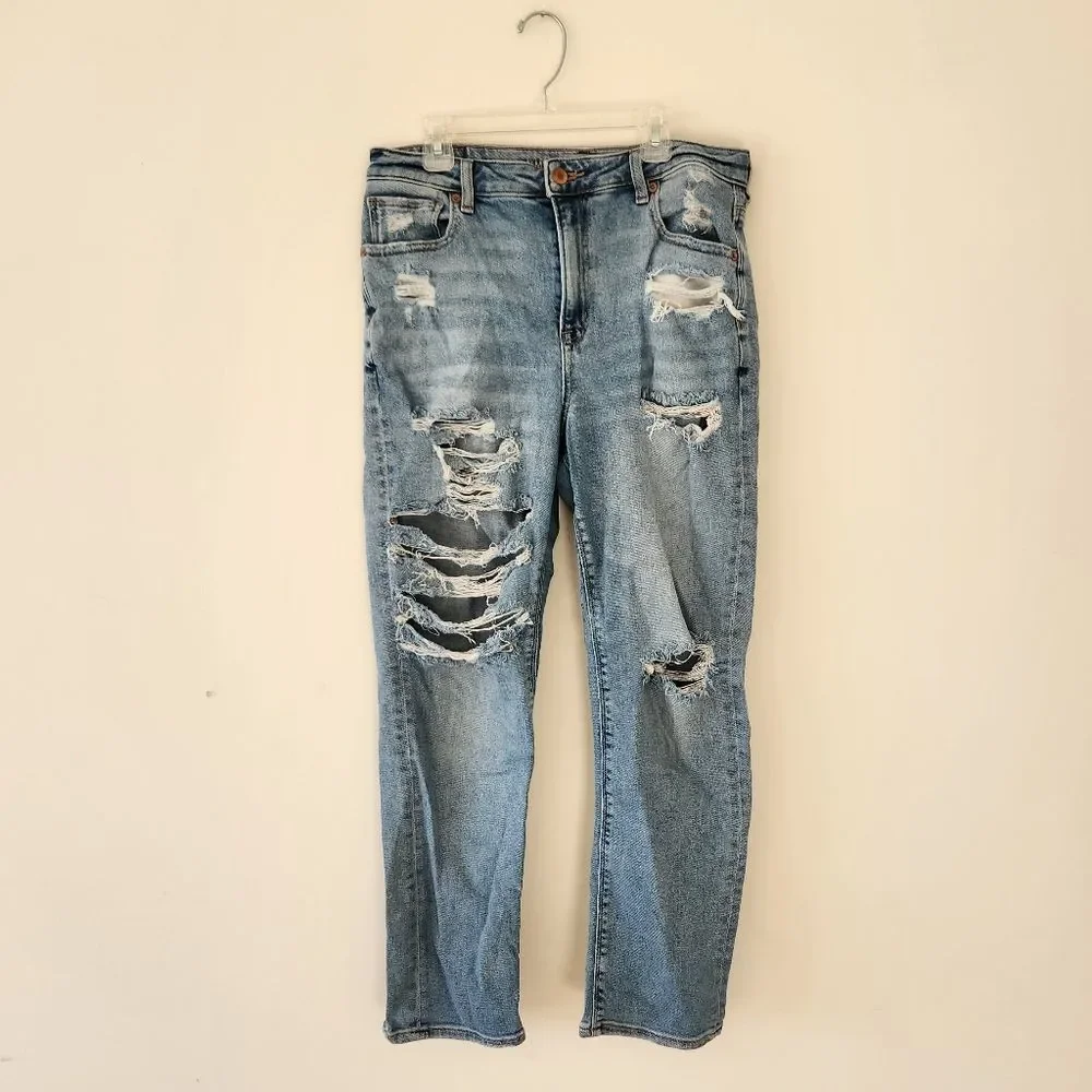 American Eagle Mom Jeans Distressed Ripped Straight Leg Jeans 8 - Picture 8 of 8
